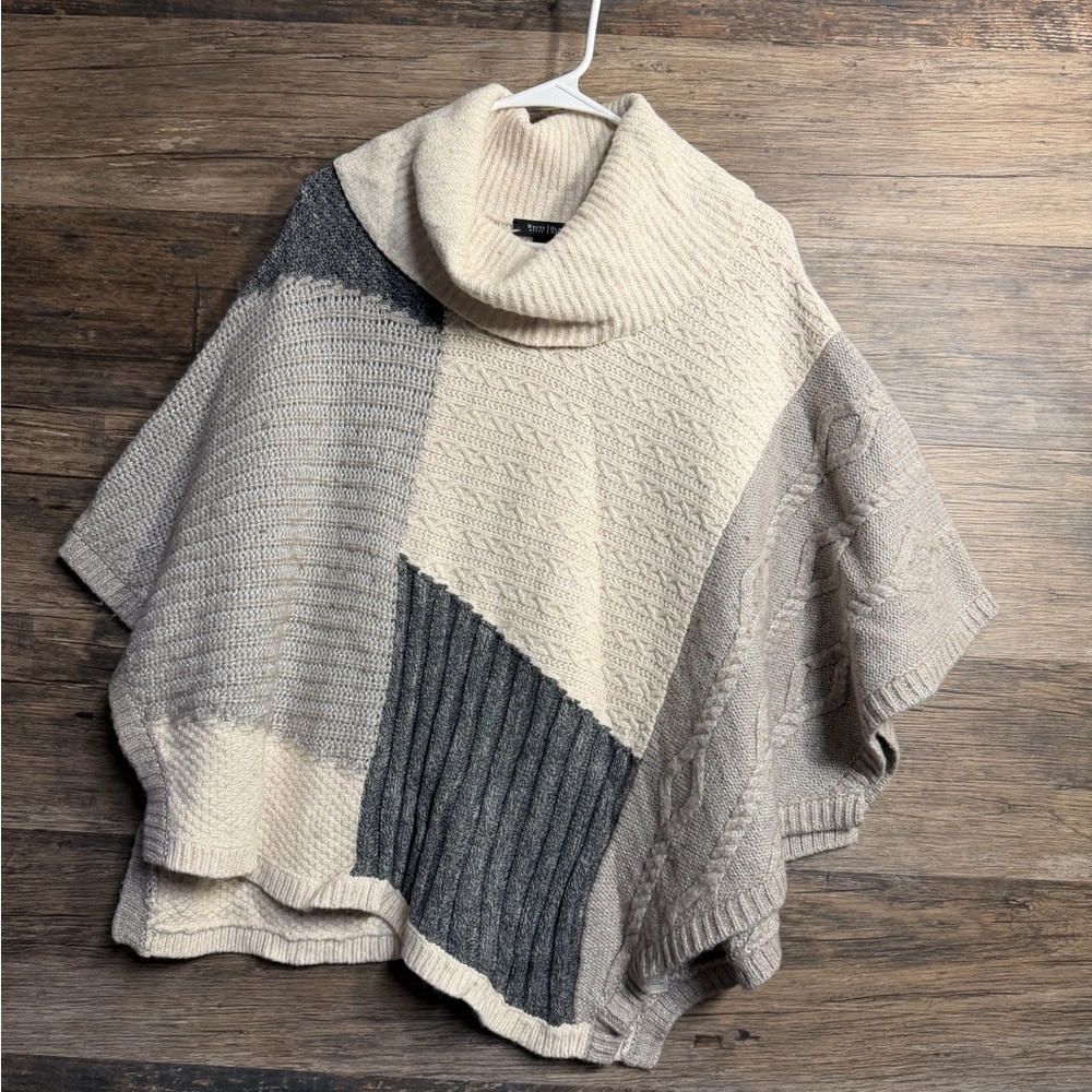 White House Black Market Patchwork Poncho - Cream and Gray